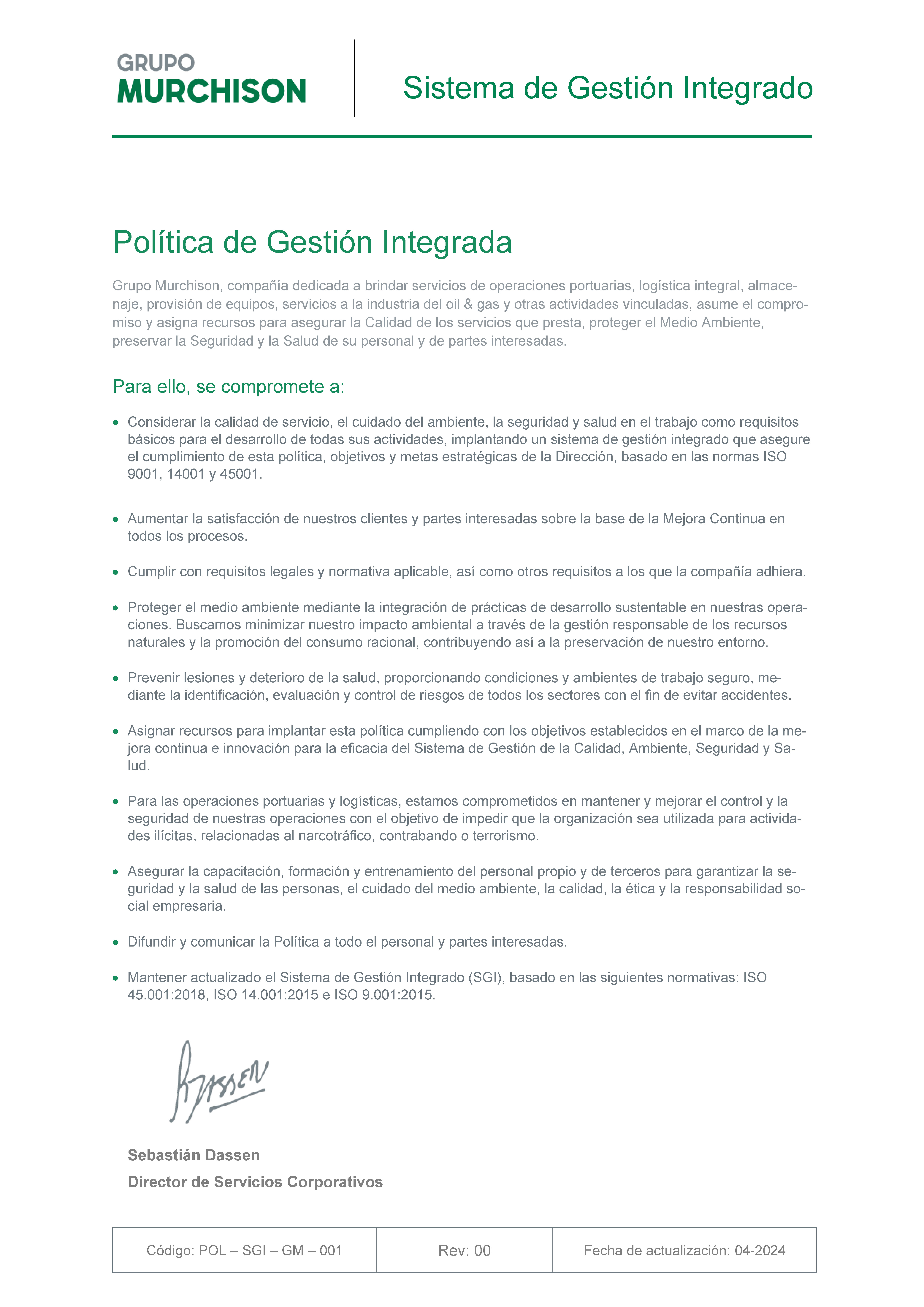 Certificación Política de Gestión Integrada SGI